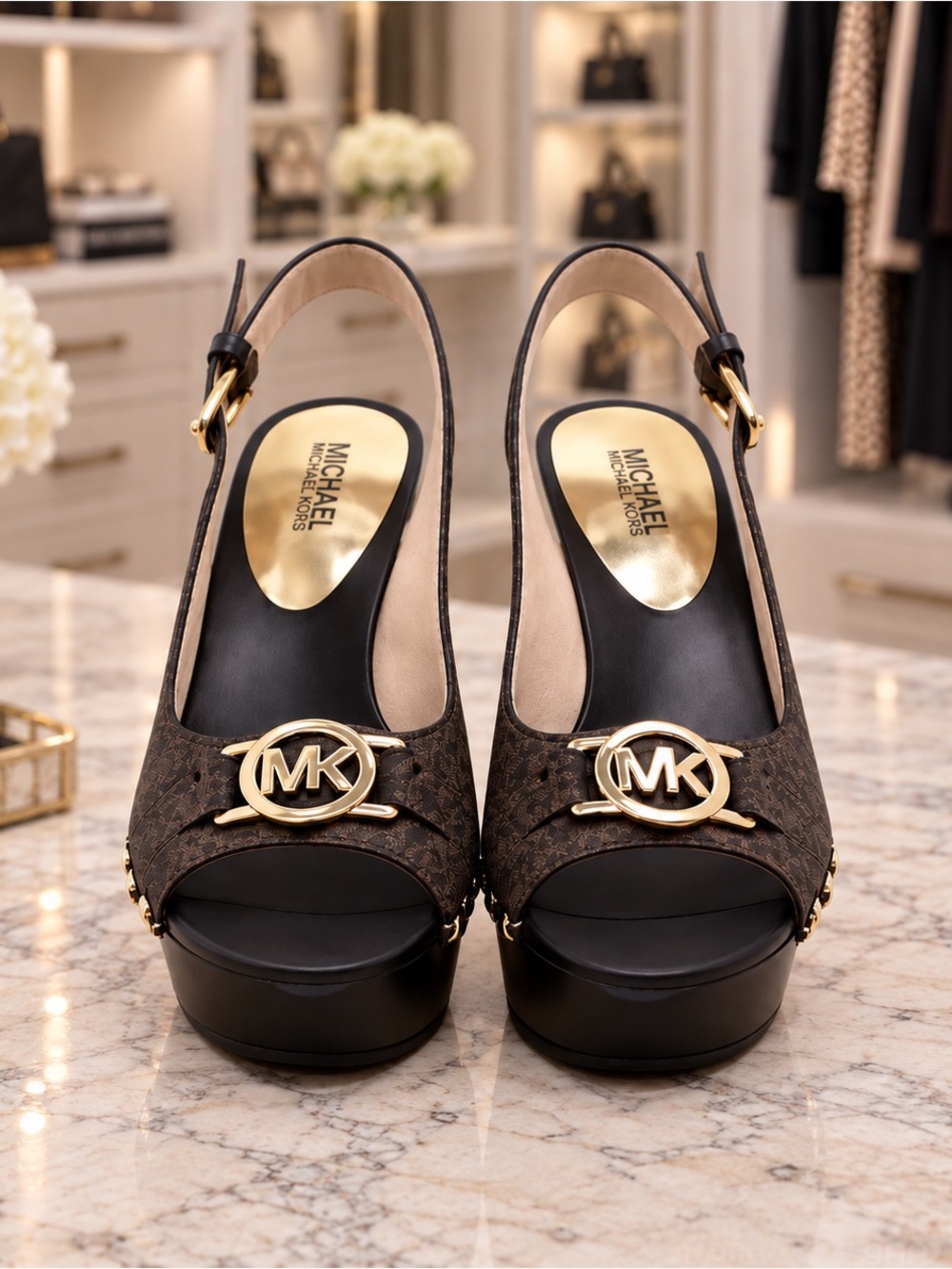 Michael Kors Brown Monogram Platform Wedge Slingback Heels Size 7.5